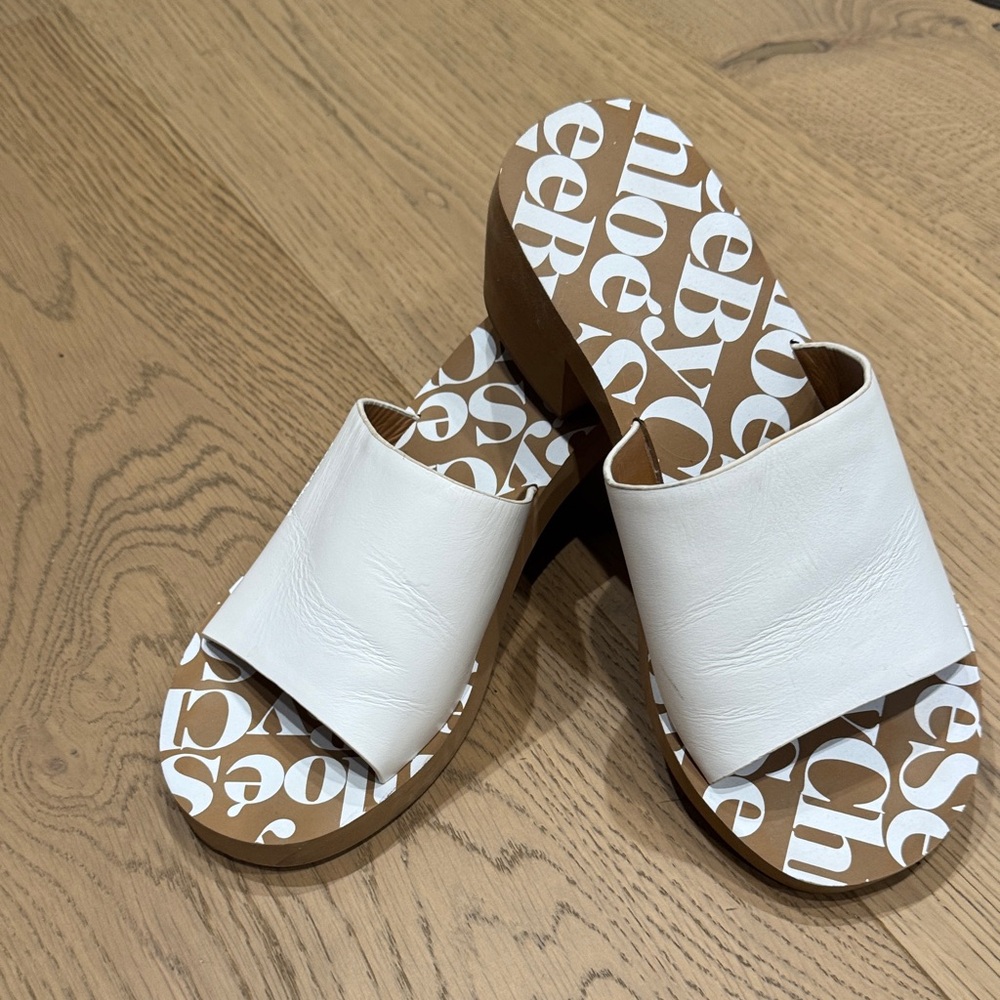 See By Chloe White and Brown Slide Sandals